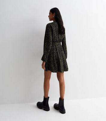 Green Leopard Print V Neck Belted Mini Dress | New Look