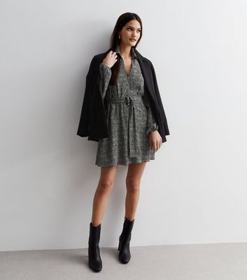 Black Dot Collared Belted Mini Shirt Dress New Look