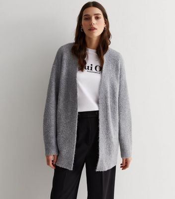 Dark Grey Boucle Knit Open Front Cardigan New Look