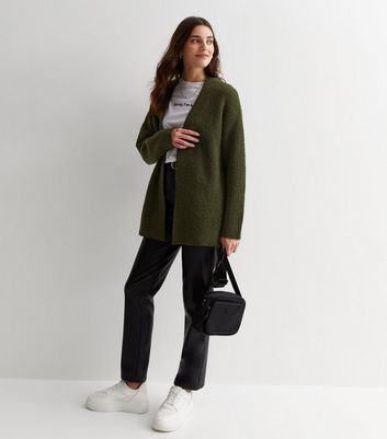 Khaki Boucle Knit Open Front Cardigan New Look