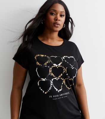 Curves Black Cotton Animal Print Heart Logo T-Shirt