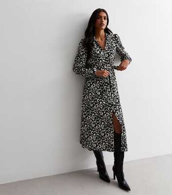 Black Leopard Print Crinkle Belted Midaxi Shirt Dress