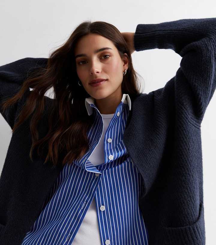 Navy Ribbed Knit Pocket Front Cardigan