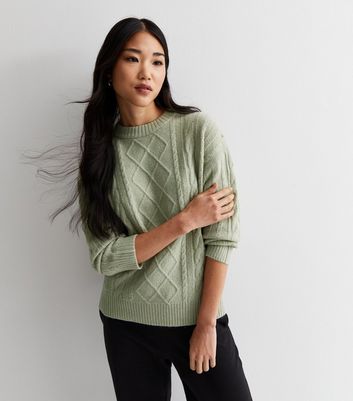 Light Green Cable Knit Longline Jumper New Look