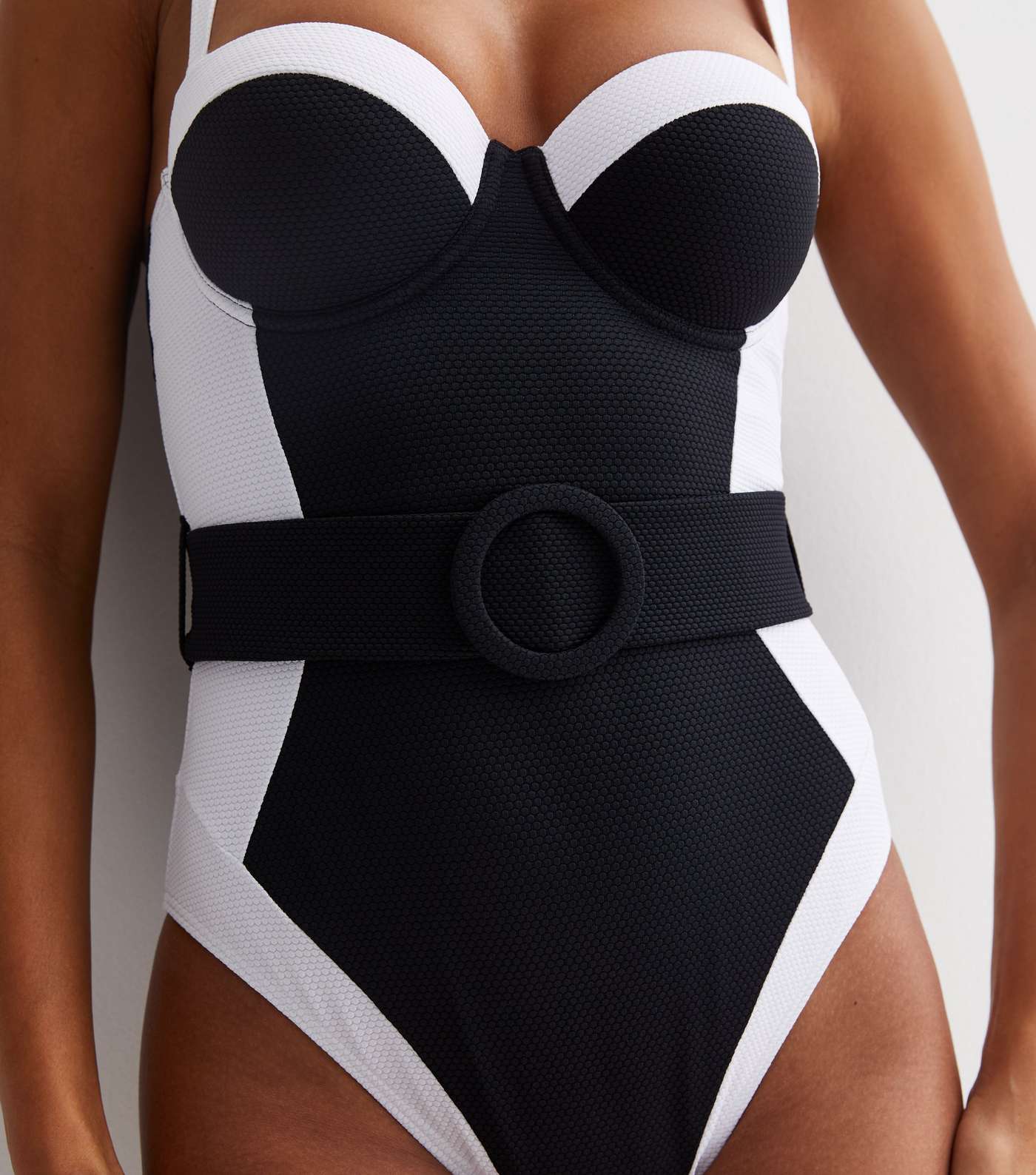 Black Colour Block Belted Illusion Swimsuit Image 2