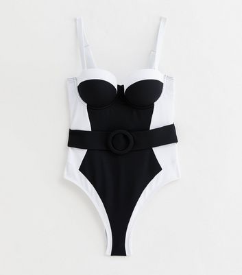 Black Colour Block Belted Illusion Swimsuit New Look