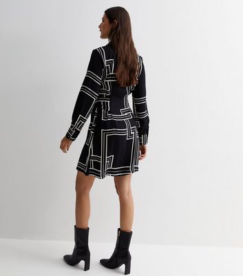 Black Geometric Print Belted Mini Shirt Dress | New Look