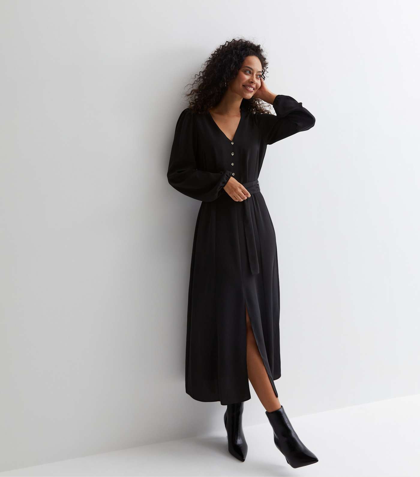 Tall Black V Neck Long Sleeve Belted Midaxi Dress Image 3