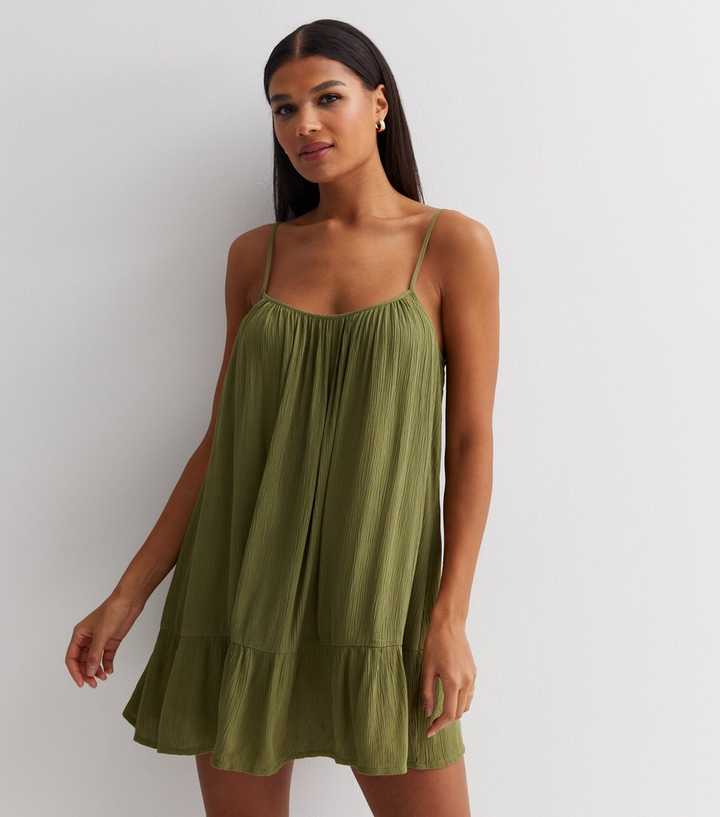 Khaki Textured Strappy Tiered Hem Mini Dress