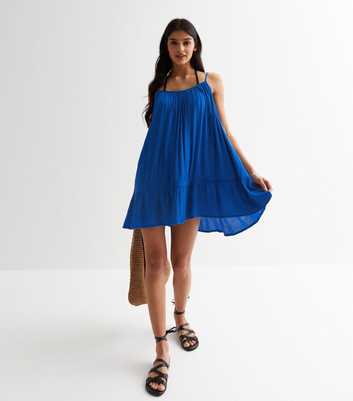 Blue Textured Strappy Tiered Hem Mini Dress