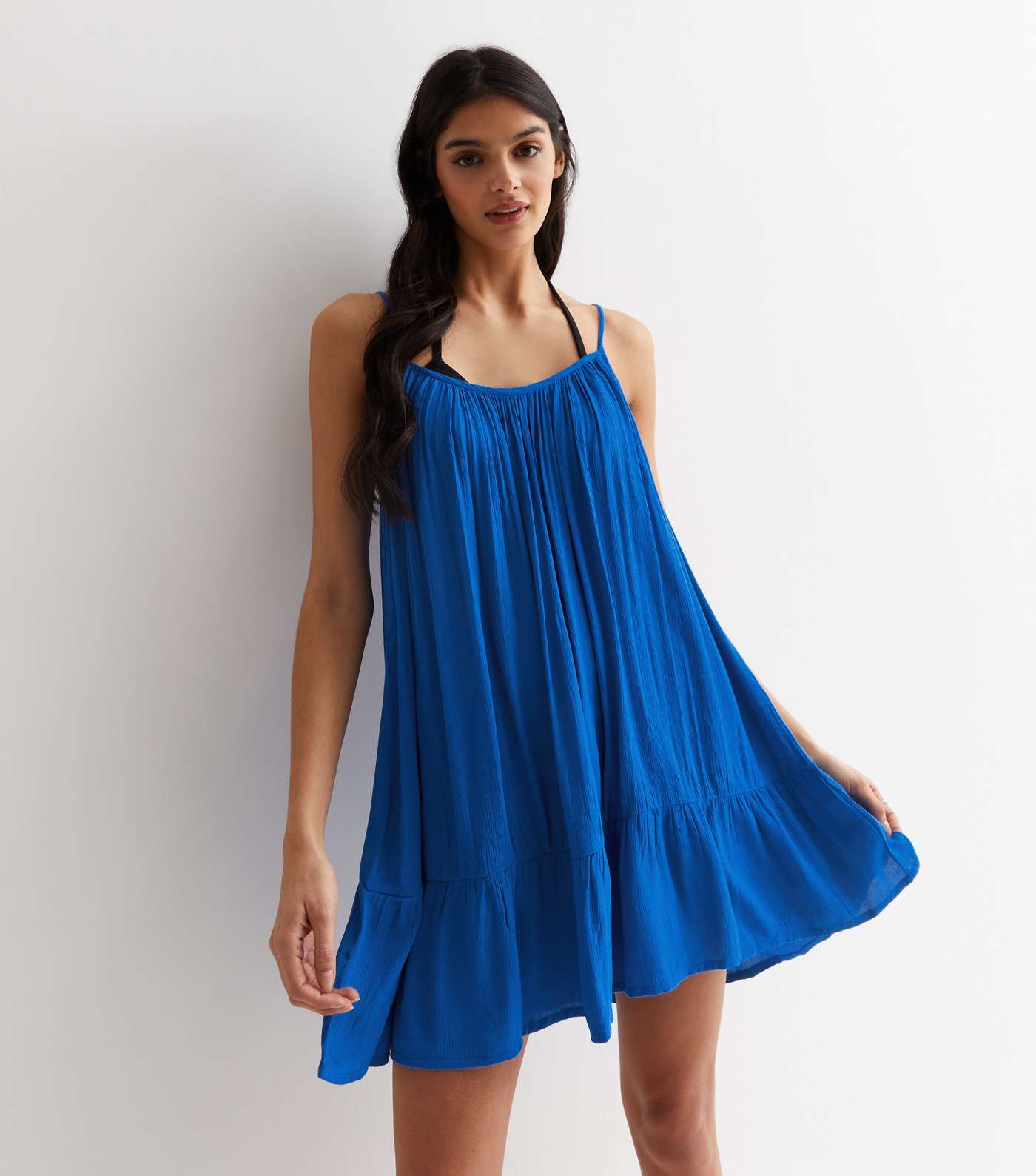 Blue Textured Strappy Tiered Hem Mini Dress Image 2