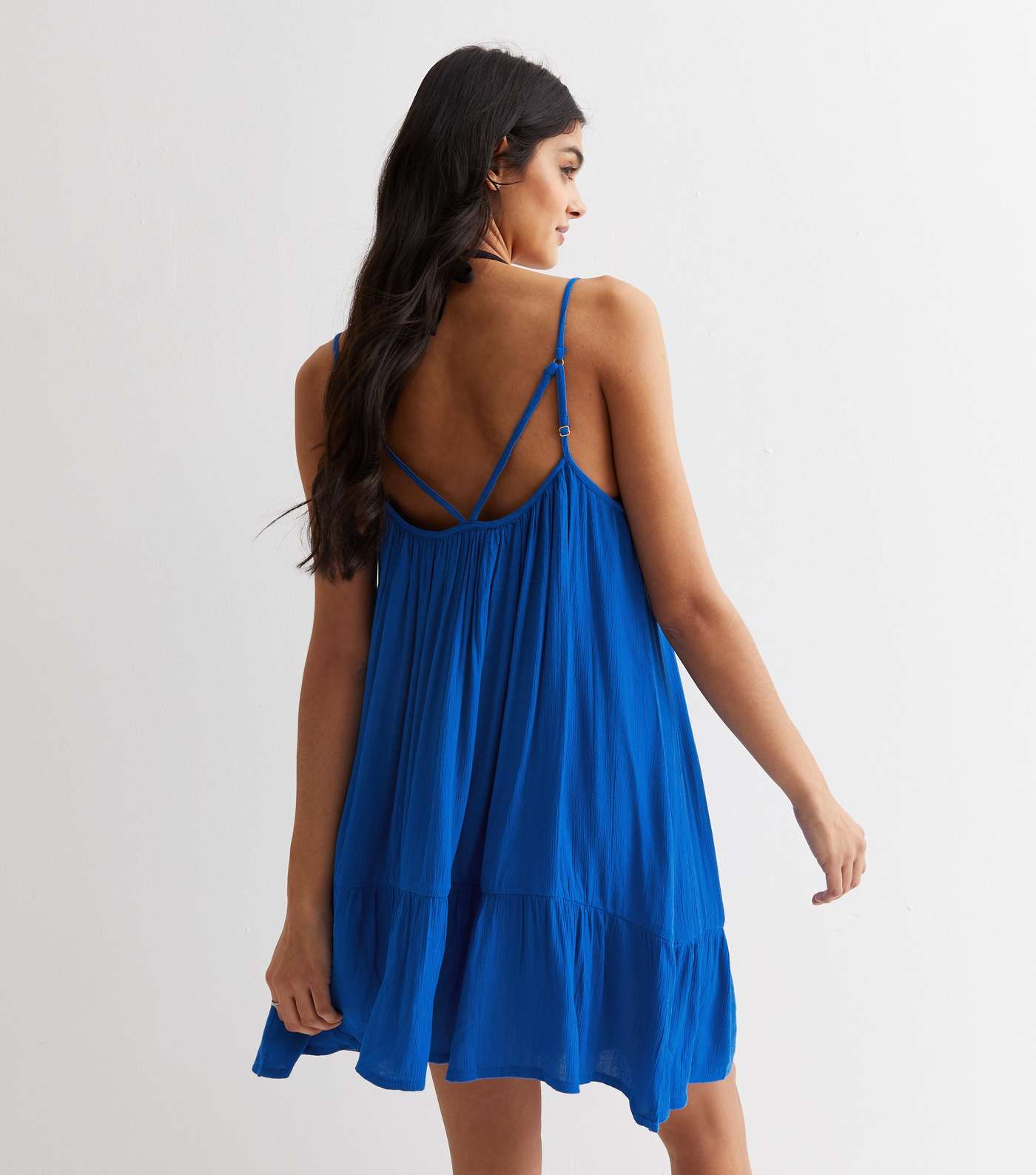 Blue Textured Strappy Tiered Hem Mini Dress Image 4