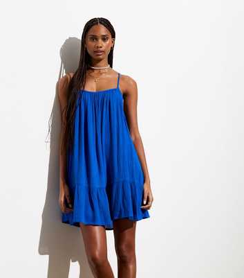 Bright Blue Textured Strappy Tiered Hem Mini Dress