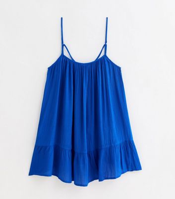 Bright Blue Textured Strappy Tiered Hem Mini Dress New Look