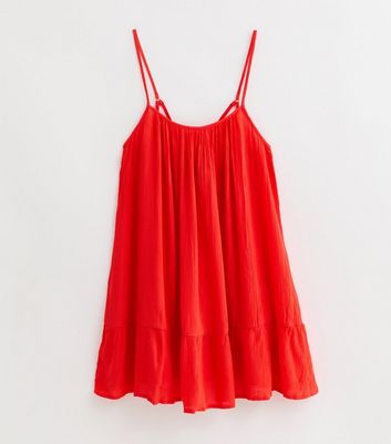 Red Textured Strappy Tiered Hem Mini Dress New Look