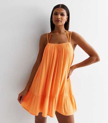 Orange Textured Strappy Tiered Hem Mini Dress