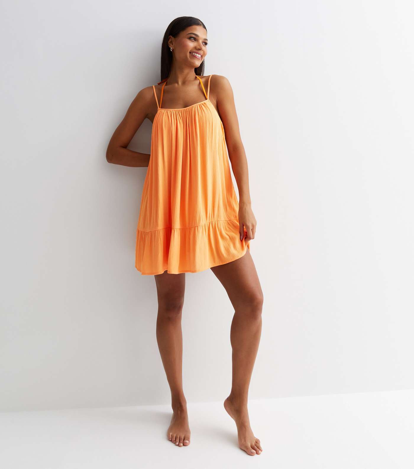 Orange Textured Strappy Tiered Hem Mini Dress Image 3