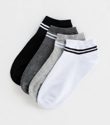 4 Pack Black Grey and White Stripe Trainer Socks | New Look