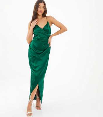 QUIZ Green Satin Strappy Ruched Maxi Dress
