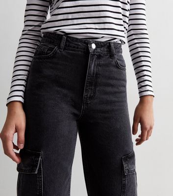 Tall Black Cargo Pocket Detail Wide Leg Jeans