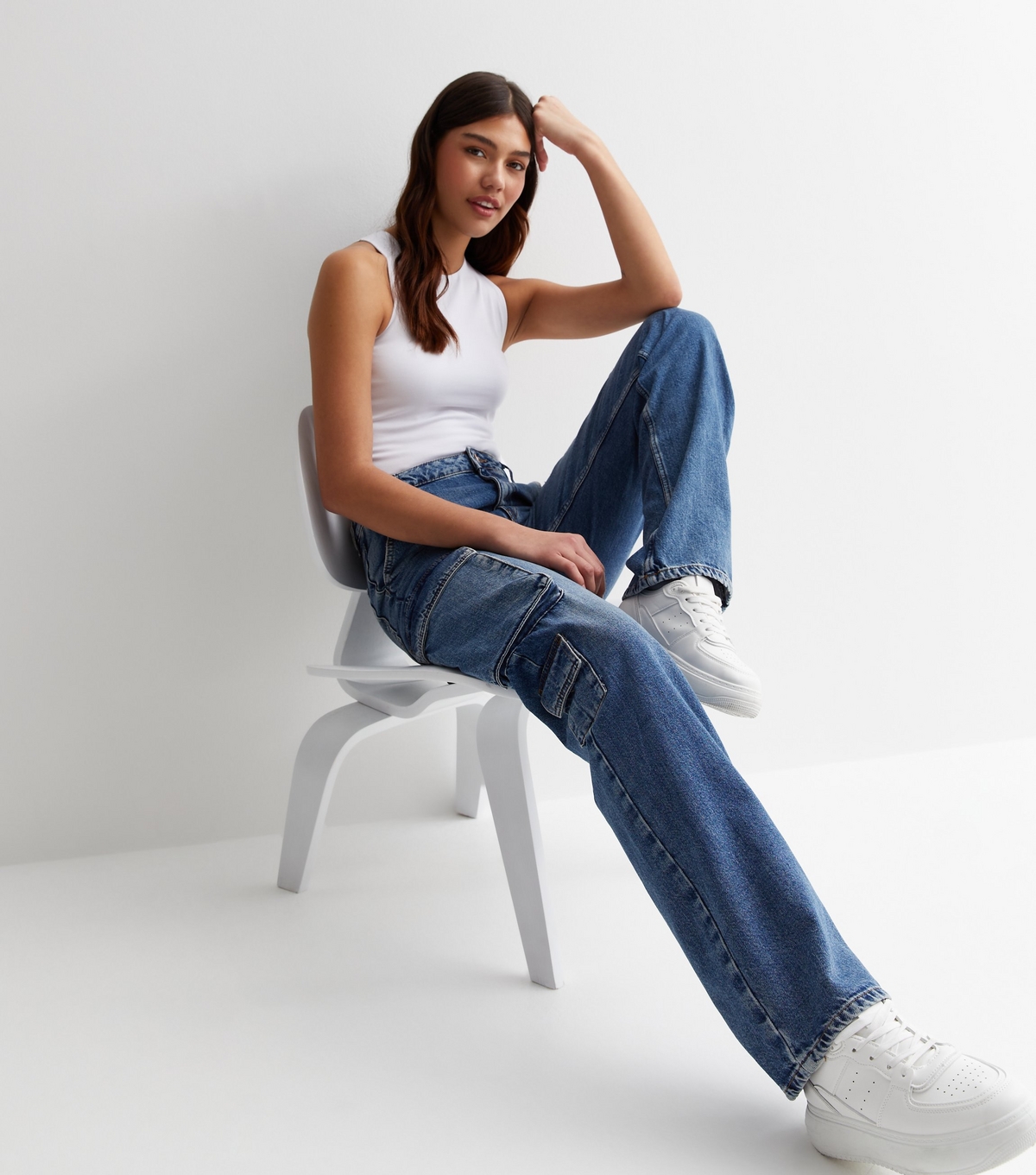 Women's Tall Blue Vintage Tint Cargo Straight Leg Jeans New Look