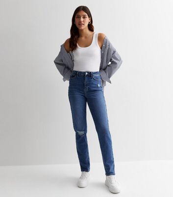 Tall Blue High Waist Ripped Tori Mom Jeans | New Look