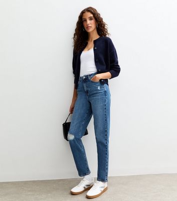 Tall Blue High Waist Ripped Tori Mom Jeans New Look