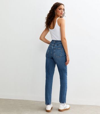 Tall Blue High Waist Ripped Tori Mom Jeans New Look