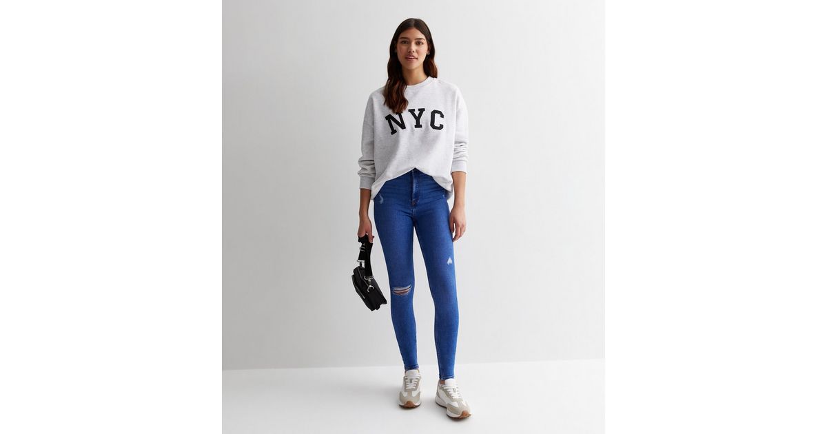 Tall Blue Ripped Knee Hallie Super Skinny Jeans New Look