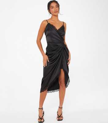 QUIZ Petite Black Satin Ruched Wrap Midi Dress