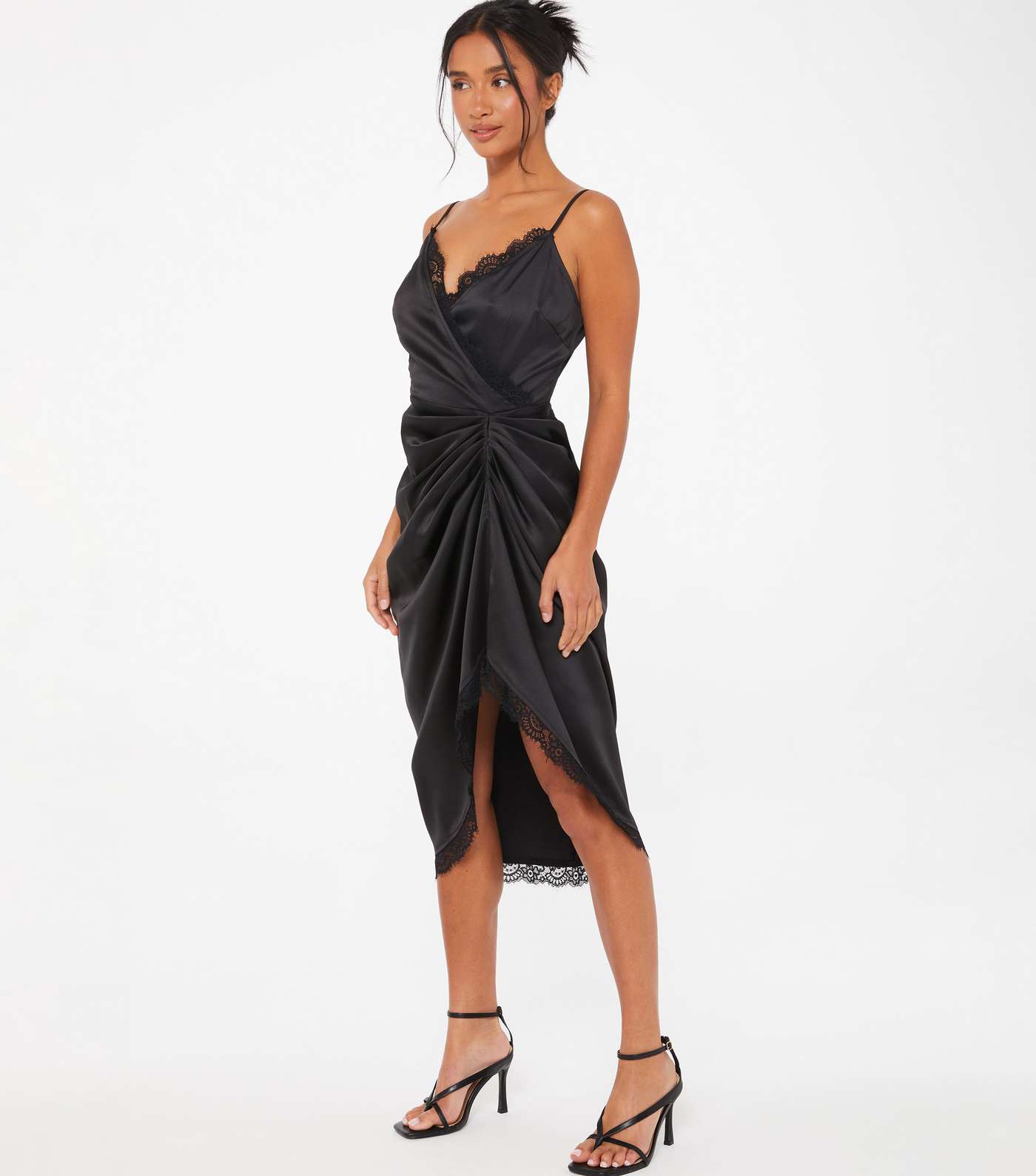QUIZ Petite Black Satin Ruched Wrap Midi Dress | New Look