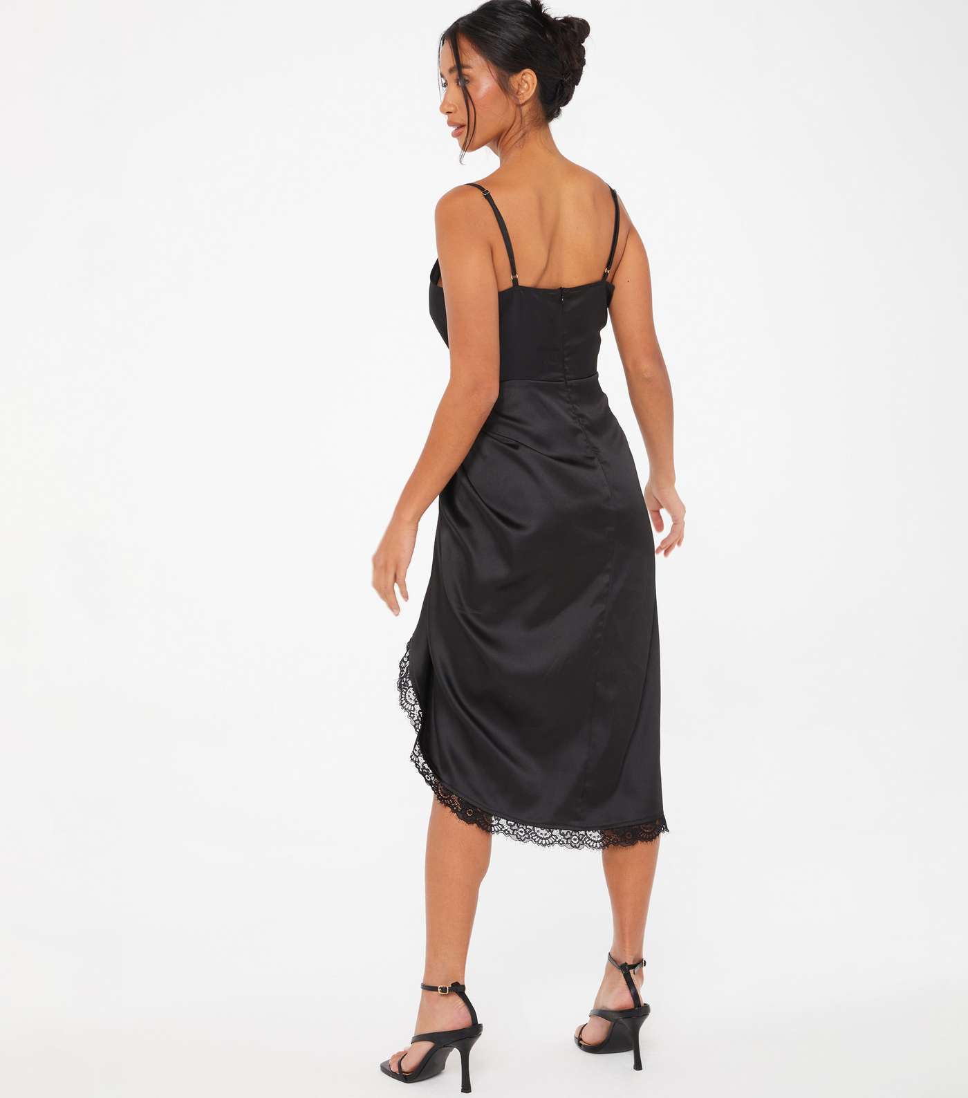 QUIZ Petite Black Satin Ruched Wrap Midi Dress Image 3