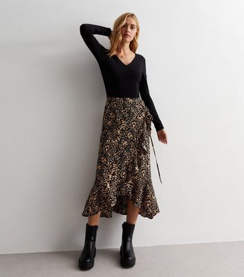 Gini London Camel Animal Print Wrap Midi Skirt New Look