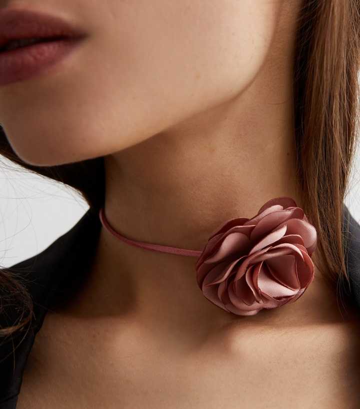 Pink Cord Flower Corsage Choker Necklace