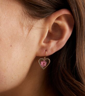 Gold Flower Heart Pendant Drop Earrings New Look