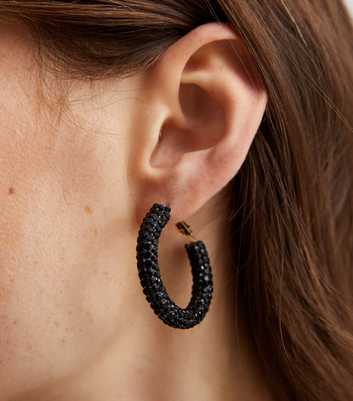 Black Diamanté Tube Hoop Earrings