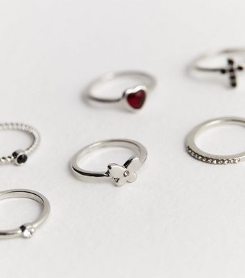 6 Pack Silver Cross and Heart Rings New Look