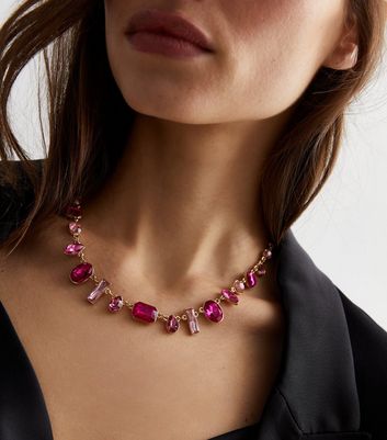 Bright Pink Gem Stone Necklace New Look