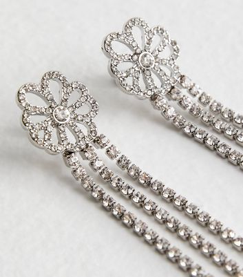 Crystal Flower Diamante Tassel Earrings New Look