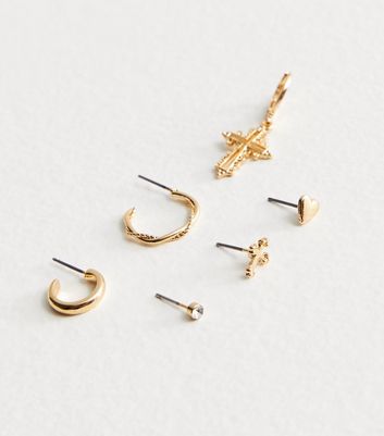 Gold 6 Pack Faux Pearl Cross Charm Earrings New Look