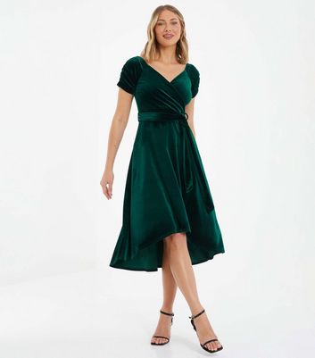 QUIZ Dark Green Velvet Belted Dip Hem Midi Dress New Look