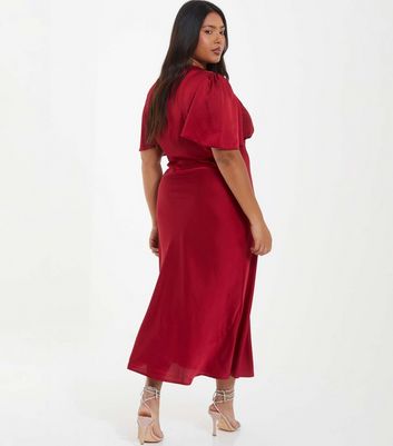 QUIZ Curves Dark Red Satin Midi Dress New Look