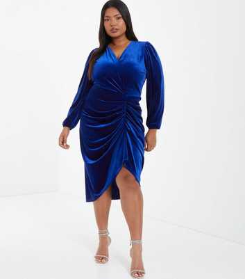 QUIZ Curves Bright Blue Velvet Ruched Midi Dress