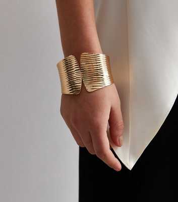 Gold Ribbed Textured Wide Cuff Bracelet