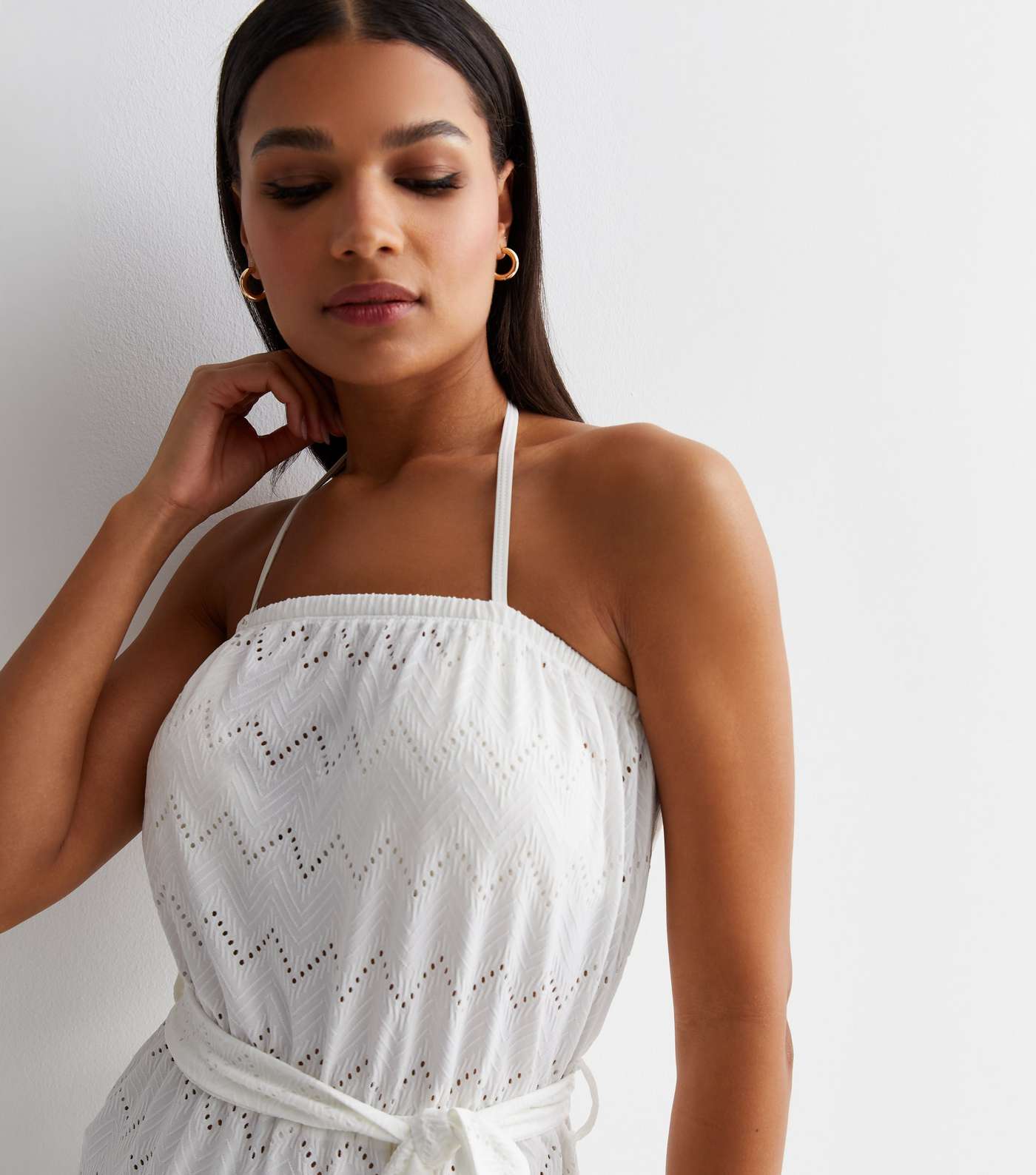 White Chevron Embroidered Strapless Playsuit Image 2