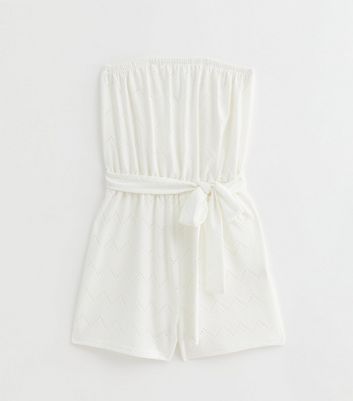 White Chevron Embroidered Strapless Playsuit New Look