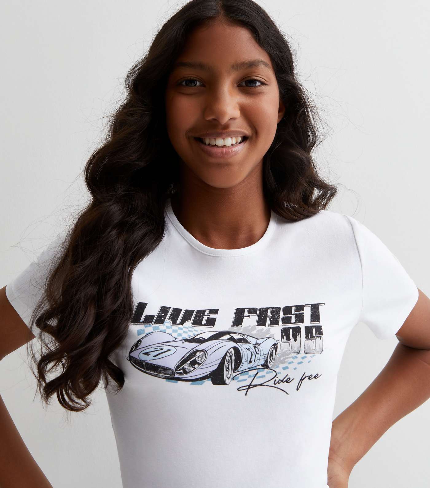 Girls White Live Fast Car Logo T-Shirt Image 2