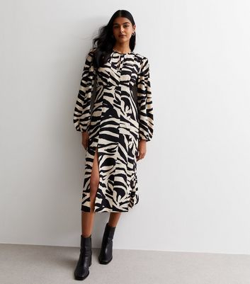 Cream Zebra Print Long Sleeve Split Hem Midi Dress | New Look