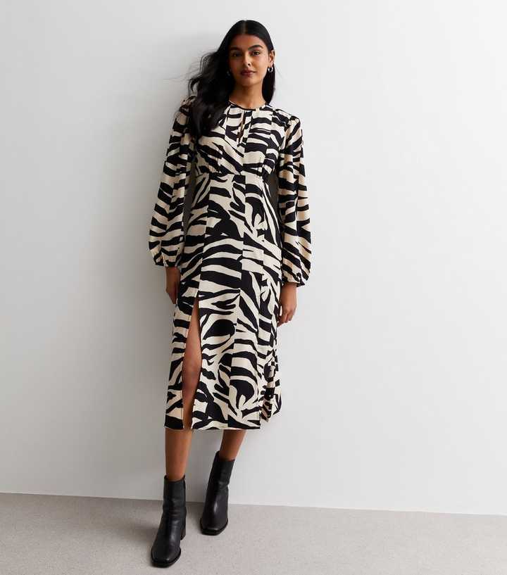 Cream Zebra Print Long Sleeve Split Hem Midi Dress