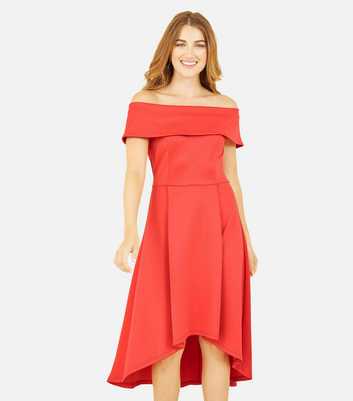 Mela Red Bardot Dip Hem Midi Dress